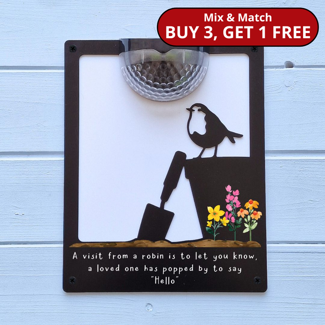 'A visit from a robin..' Robin on a Plant Pot Solar Light Wall Plaque