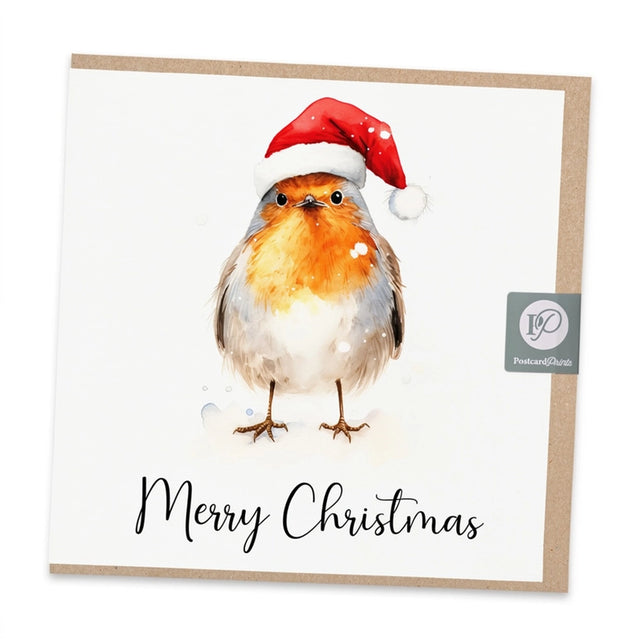 Robin Santa Hat Watercolour Christmas Card