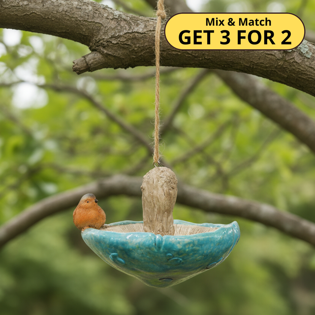 Blue Resin Mushroom Bird Feeder with Robin