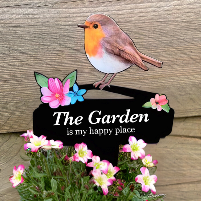 'The Garden Is My Happy Place' Large Robin Pot Stake