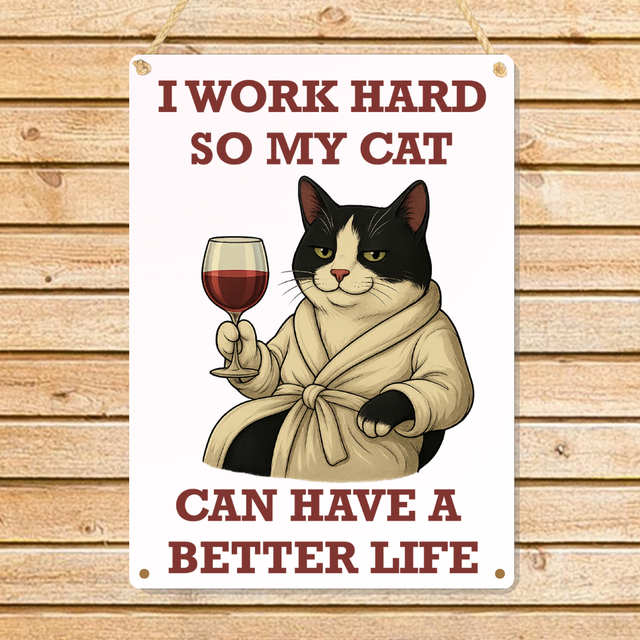 Black and White Cat Better Life Metal Sign 25cm