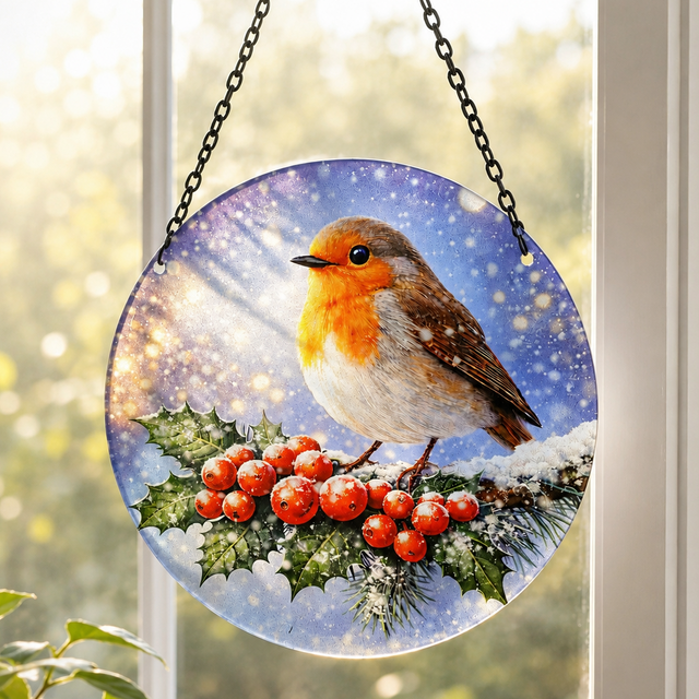 Round hanging decorative sign featuring a robin bird perched on a snowy holly branch, suspended by black chains in front of a sunlit window.