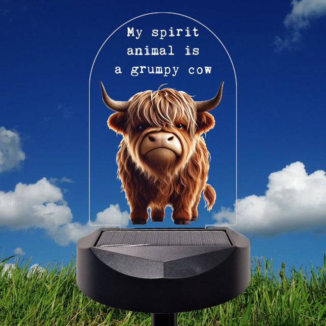 'My spirit animal is a grumpy cow' Highland Cow Solar Stake