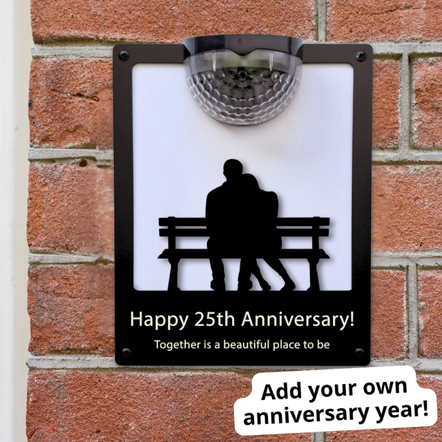 'Happy Anniversary' Couple on Bench Solar Light Wall Plaque (You Can Personalise Me!)