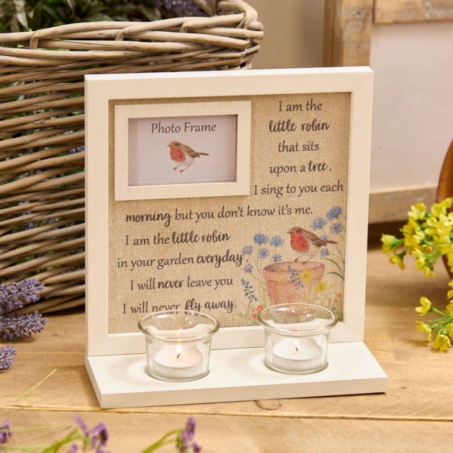 Robin Floral Sentiment Photo Frame With Double Tea Light Holder