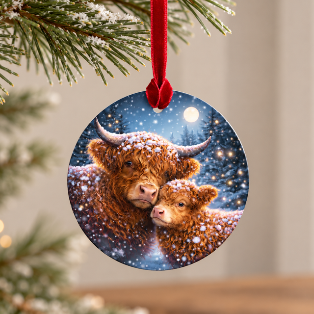 Christmas Tree Glass Hanger - Highland Cow with Calf