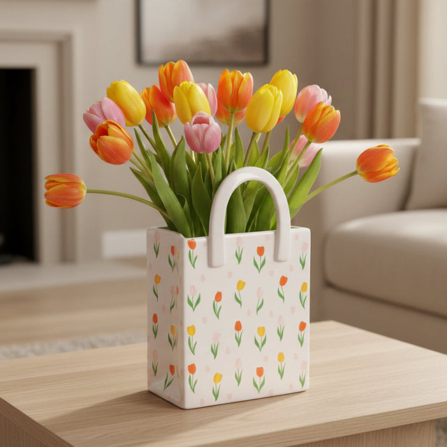 Large Tulip Print Ceramic Bag Shaped Flower Vase