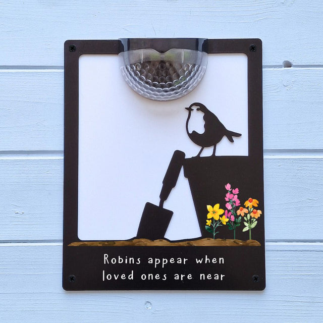 'Robins appear..' Robin on a Plant Pot Solar Light Wall Plaque