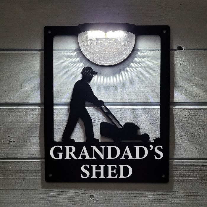 'Grandad's Shed' Lawn Mower Solar Powered Light Plaque
