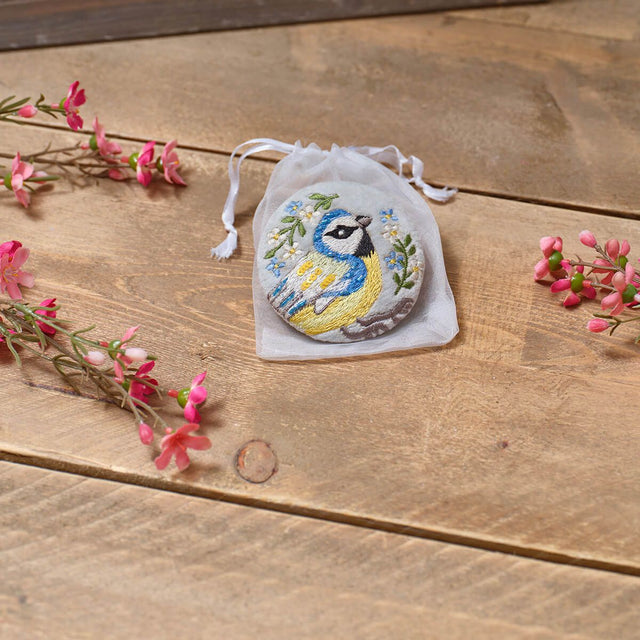 Blue Tit Embroidery and Glass Beads Round Pocket Mirror