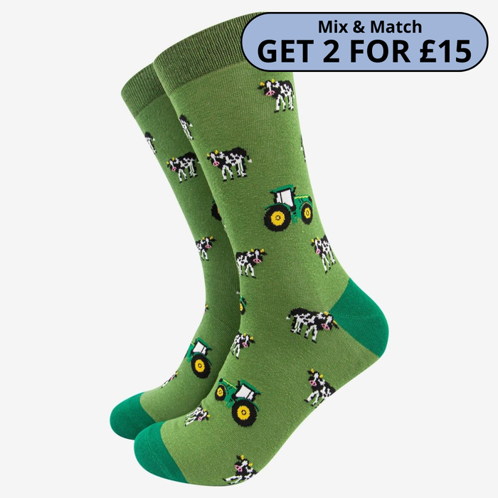 Men's Green Tractor and Cow Print Bamboo Socks