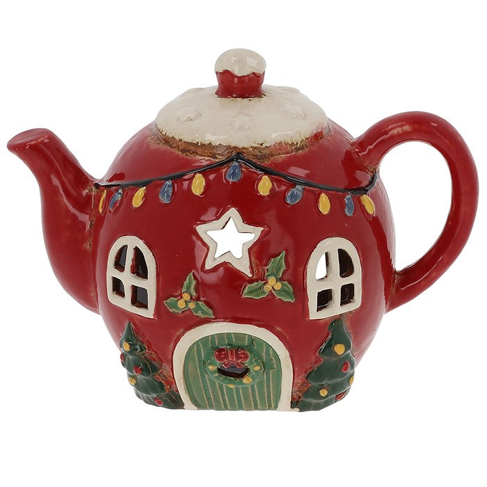 Village Pottery Xmas Teapot House Tealight Holder