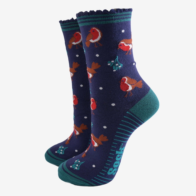 Women's Bamboo Socks - Navy Blue/Green, Christmas Robin