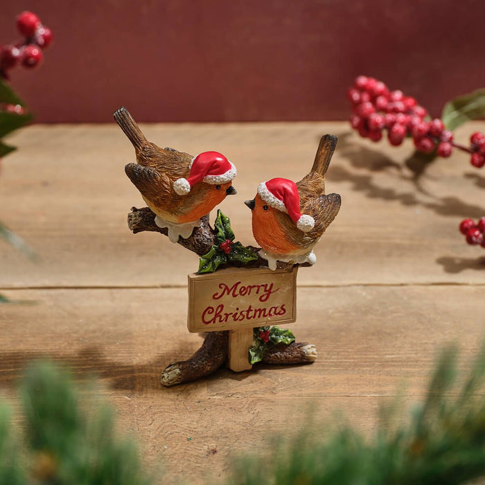 Robin pair on a tree stump Ornament - Merry Christmas