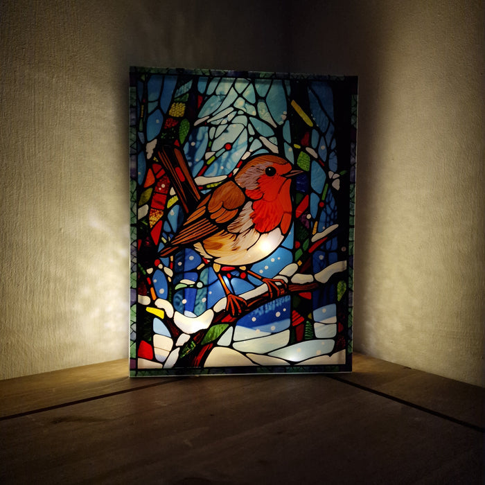 Large Stained Glass Robin LED Lamp