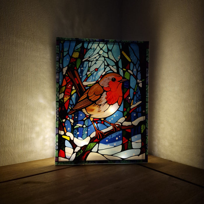 Large Stained Glass Robin LED Lamp