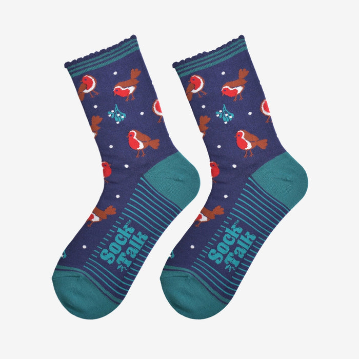 Women's Bamboo Socks - Navy Blue/Green, Christmas Robin