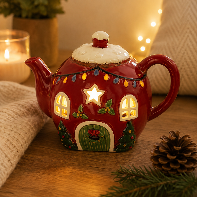 Village Pottery Xmas Teapot House Tealight Holder