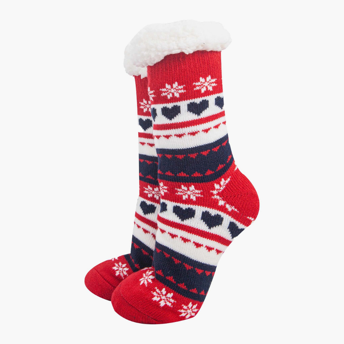 Women's Long Slipper Socks- Navy/Red