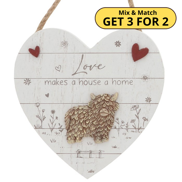 Love Makes a House a Home Highland Cow Hanging Heart