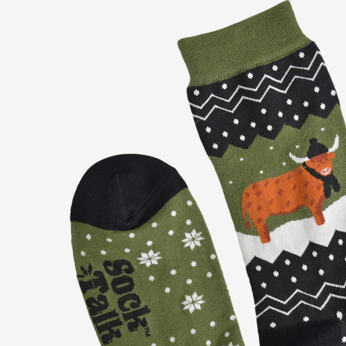 Men's Bamboo Socks - Green/Black, Winter Highland Cow