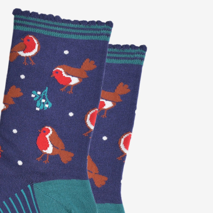 Women's Bamboo Socks - Navy Blue/Green, Christmas Robin
