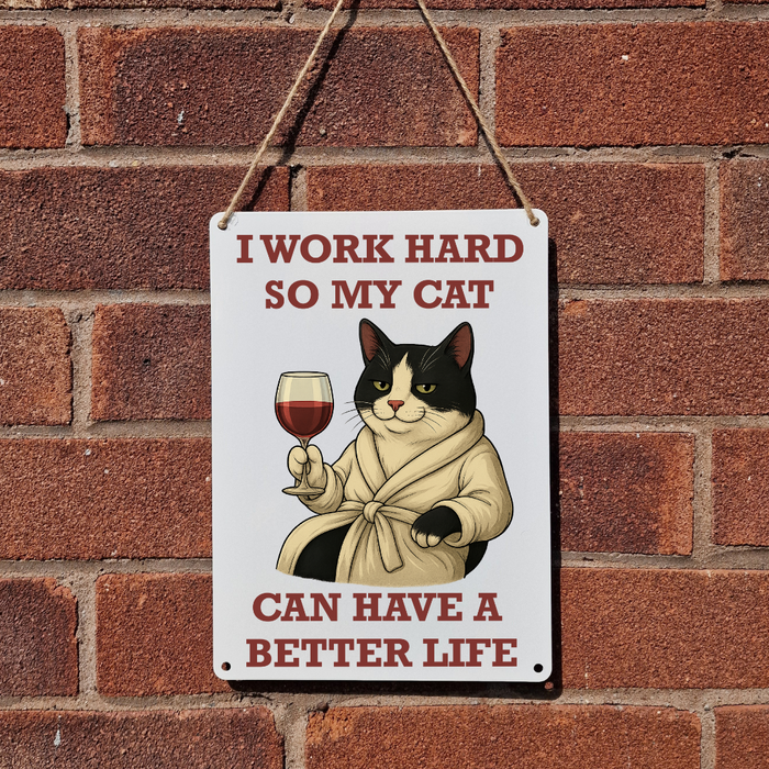Black and White Cat Better Life Metal Sign 25cm