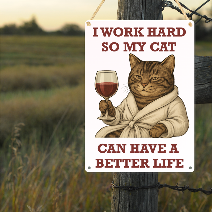 Tabby Cat Better Life Metal Sign 25cm