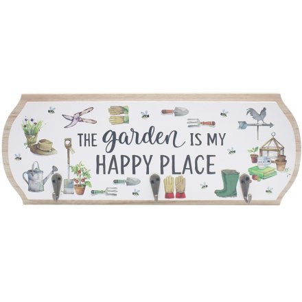 'The Garden Is My Happy Place' Hanging Plaque with Hooks