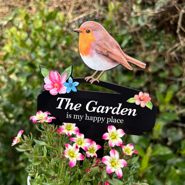 'The Garden Is My Happy Place' Large Robin Pot Stake