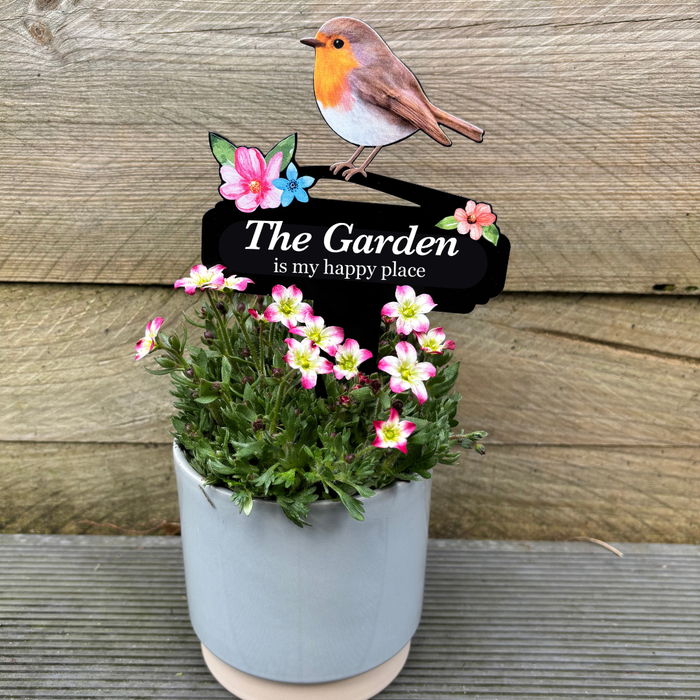 'The Garden Is My Happy Place' Large Robin Pot Stake
