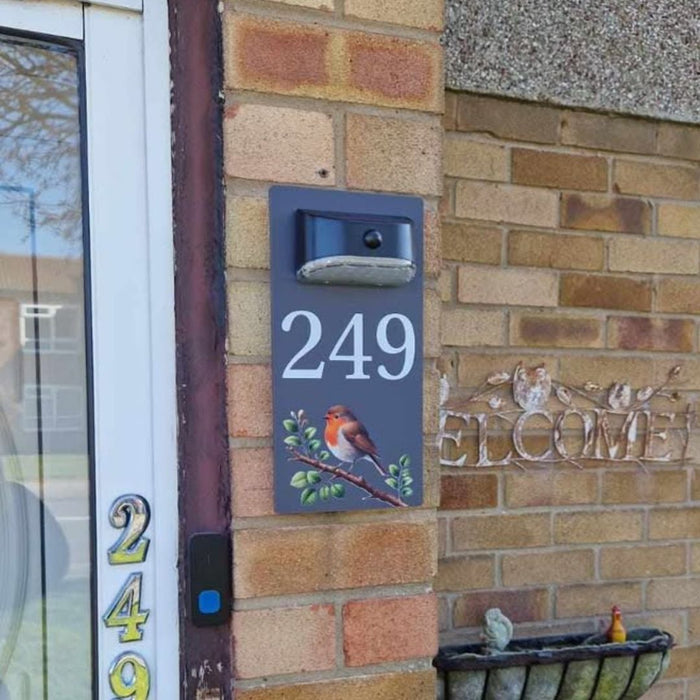 Robin on Branch Motion Sensor Solar House Number Sign