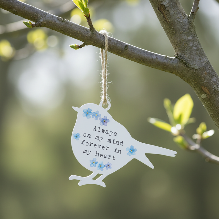 'Always on my mind, Forever in my heart' - White Robin Hanging Decor