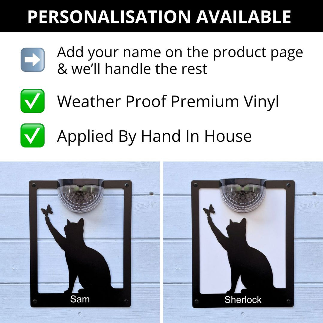 Cat with Butterfly SolarPowered LED Light Wall Shed Plaque — Flory's