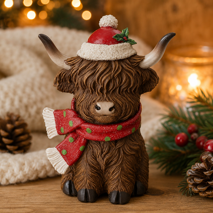 Merry Xmas Highland Cow 18cm