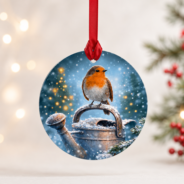 Christmas Tree Glass Hanger - Robin on Watering Can