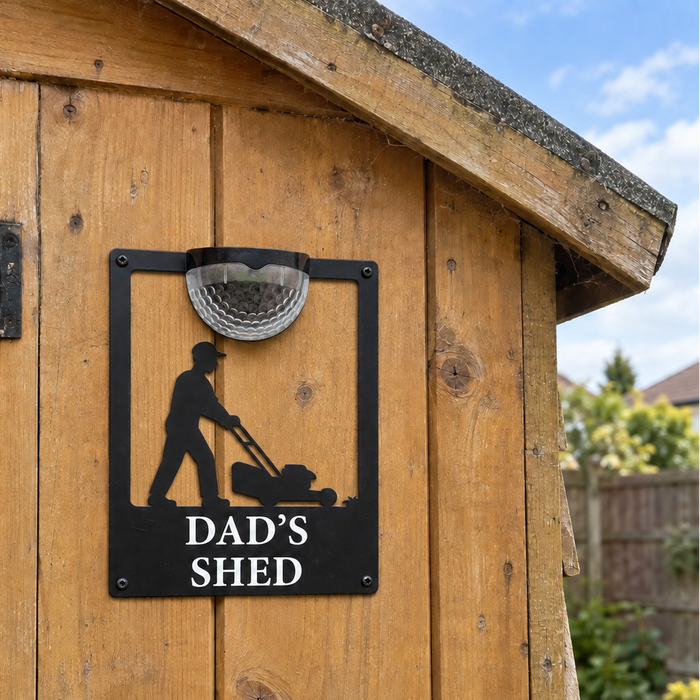 'Dad's Shed' Lawn Mower Solar Powered Light Plaque