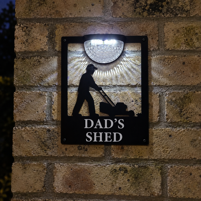 'Dad's Shed' Lawn Mower Solar Powered Light Plaque