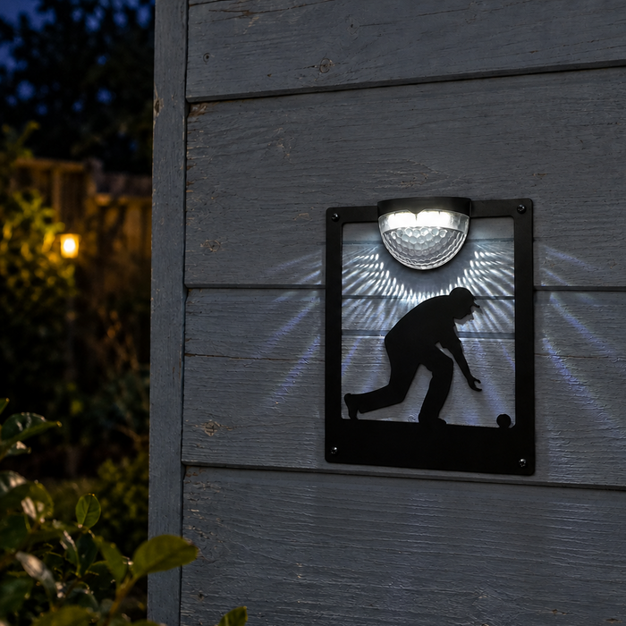 Man Lawn Bowler Wall Plaque with Solar Powered Light