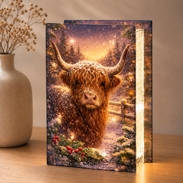 Glass Highland Cow Christmas LED Light Box