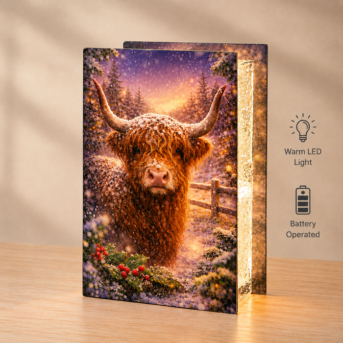 Glass Highland Cow Christmas LED Light Box
