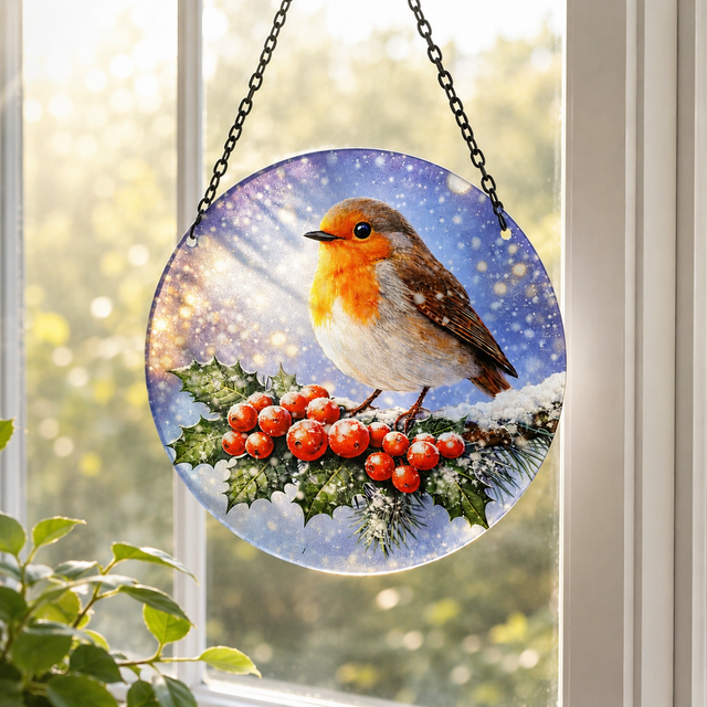 Glass Hanging Christmas Robin Suncatcher