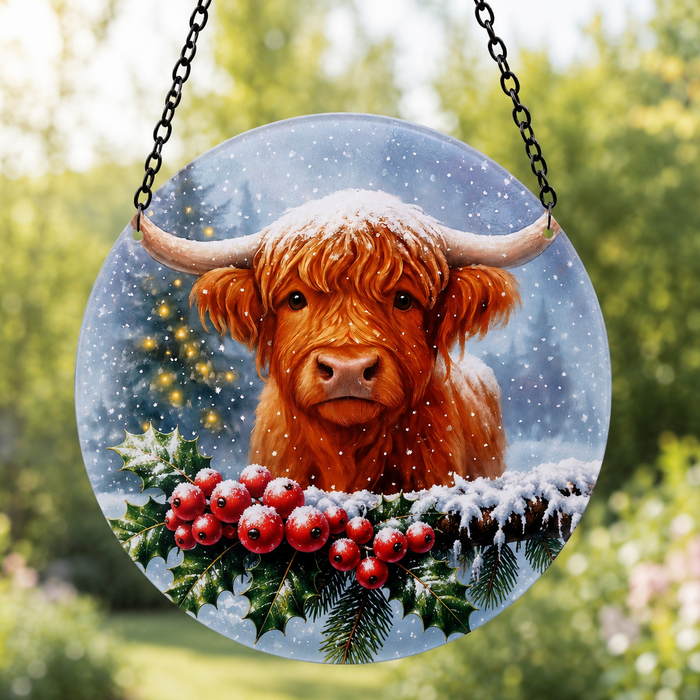 Glass Hanging Highland Cow Christmas Suncatcher