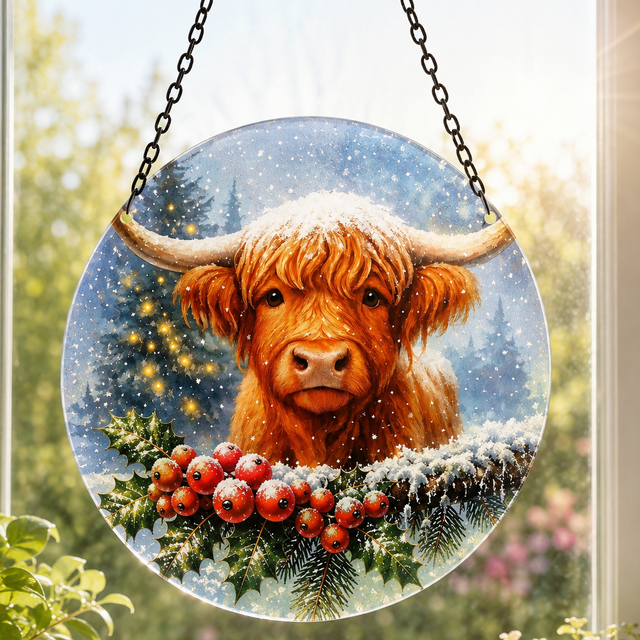 Glass Hanging Highland Cow Christmas Suncatcher