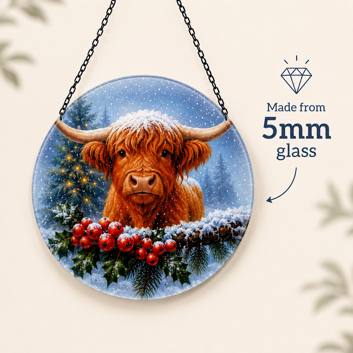 Glass Hanging Highland Cow Christmas Suncatcher