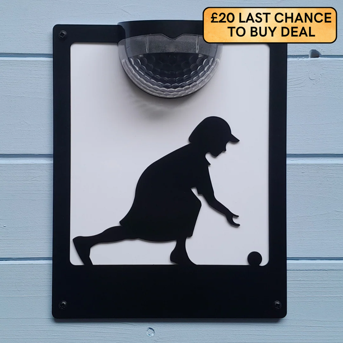 Woman Lawn Bowler Wall Plaque with Solar Powered Light