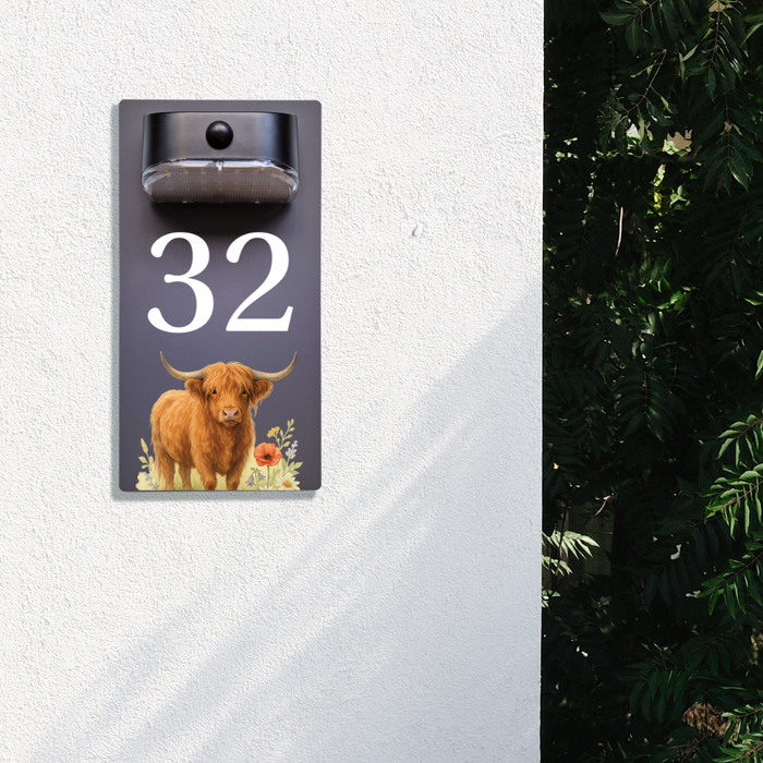 Highland Cow Motion Sensor Solar House Number Sign