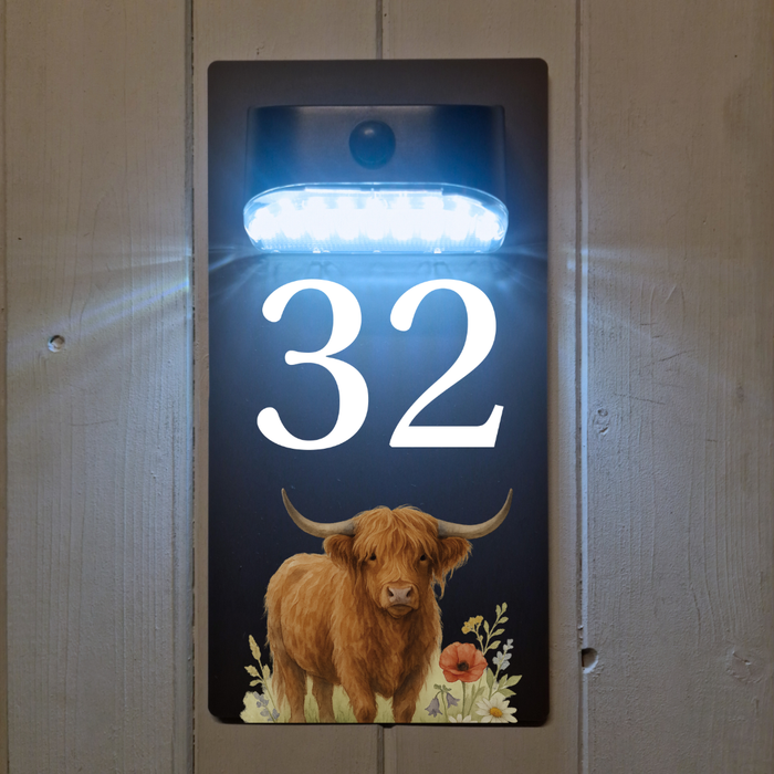 Highland Cow Motion Sensor Solar House Number Sign