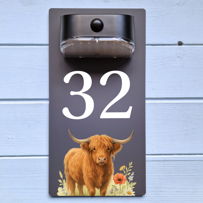 Highland Cow Motion Sensor Solar House Number Sign