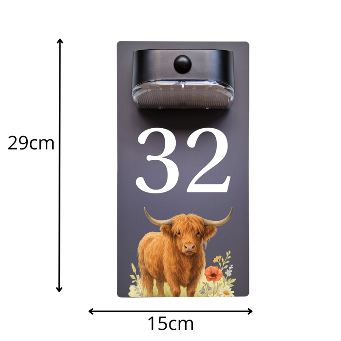 Highland Cow Motion Sensor Solar House Number Sign